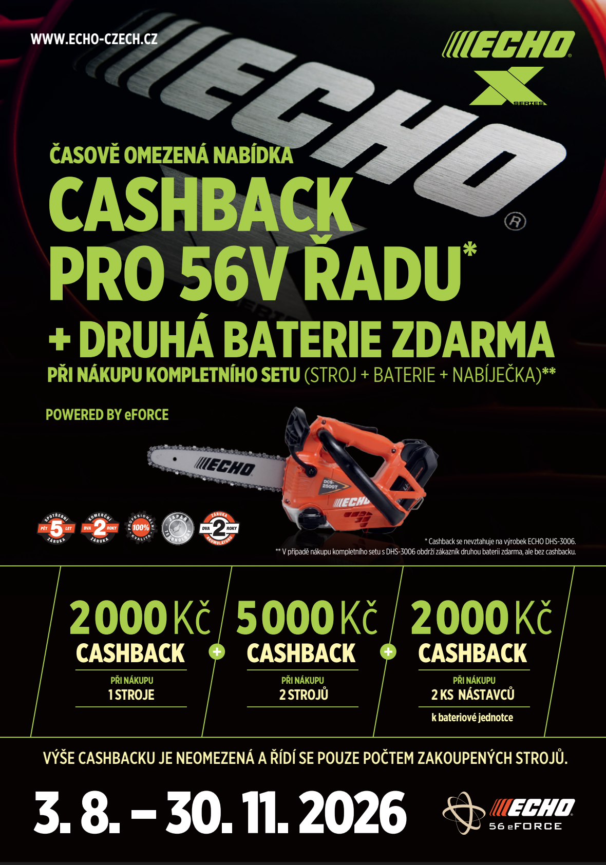 ECHO AKCE 2026: CASHBACK až 2 000 Kč za stroj + druhá baterie ZDARMA